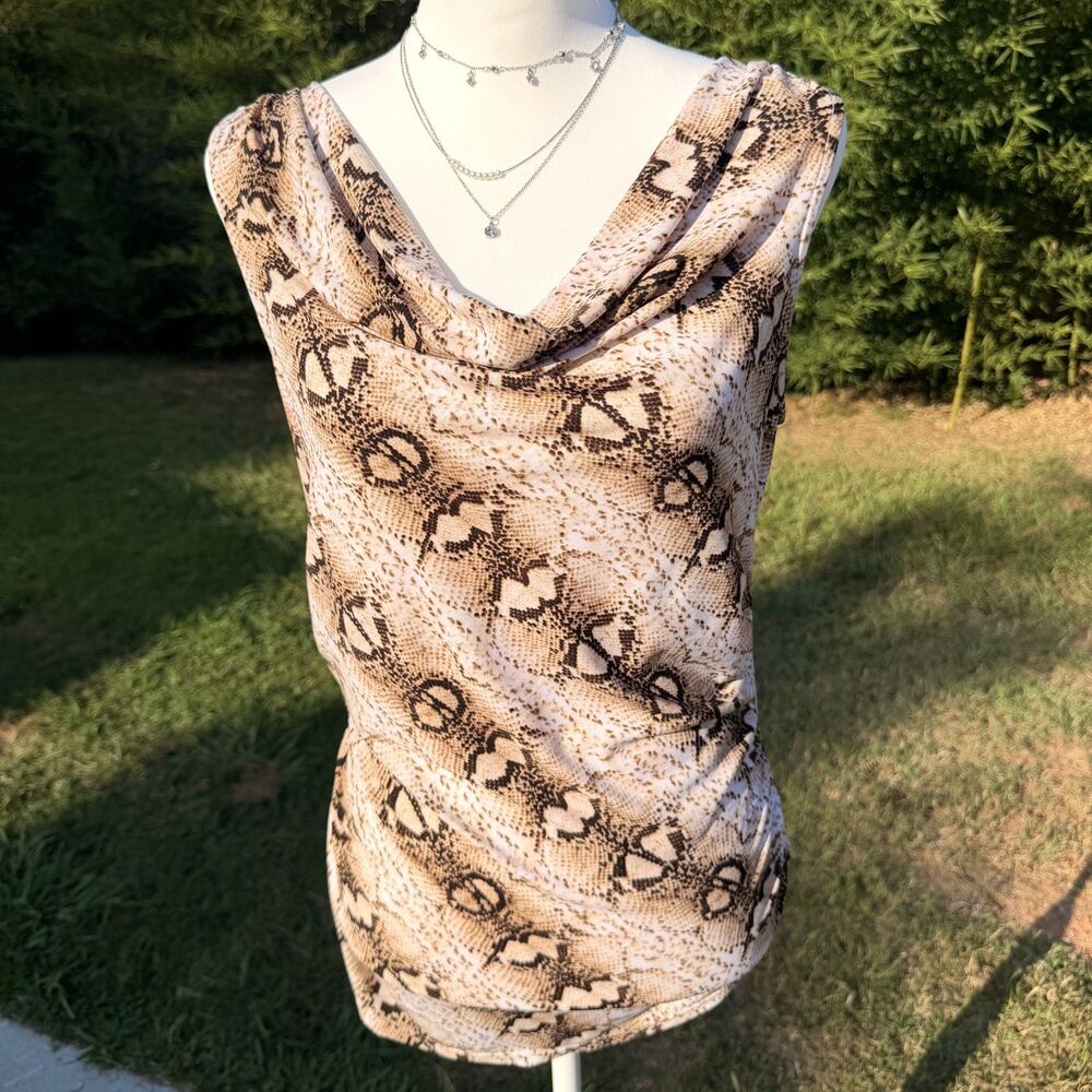 Snake Print Cowl Neck Top Ruched Sleeveless Fitted Blouse WHBM Medium